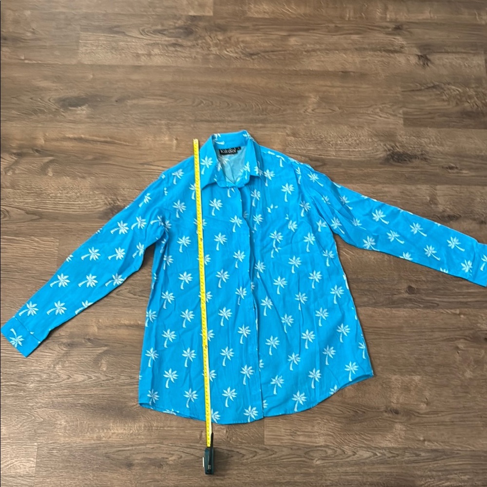 Vibrant Turquoise Button Down Shirt with Tropical palm trees